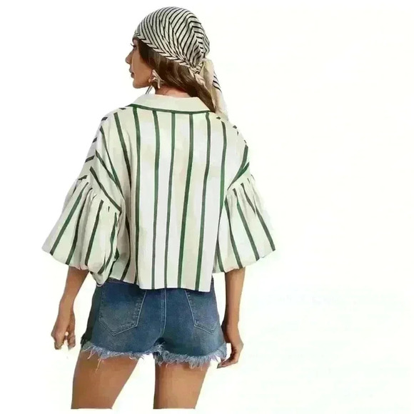 SHEIN Lantern Sleeve Striped Print Shirt size M ivory- green - Picture 2 of 11